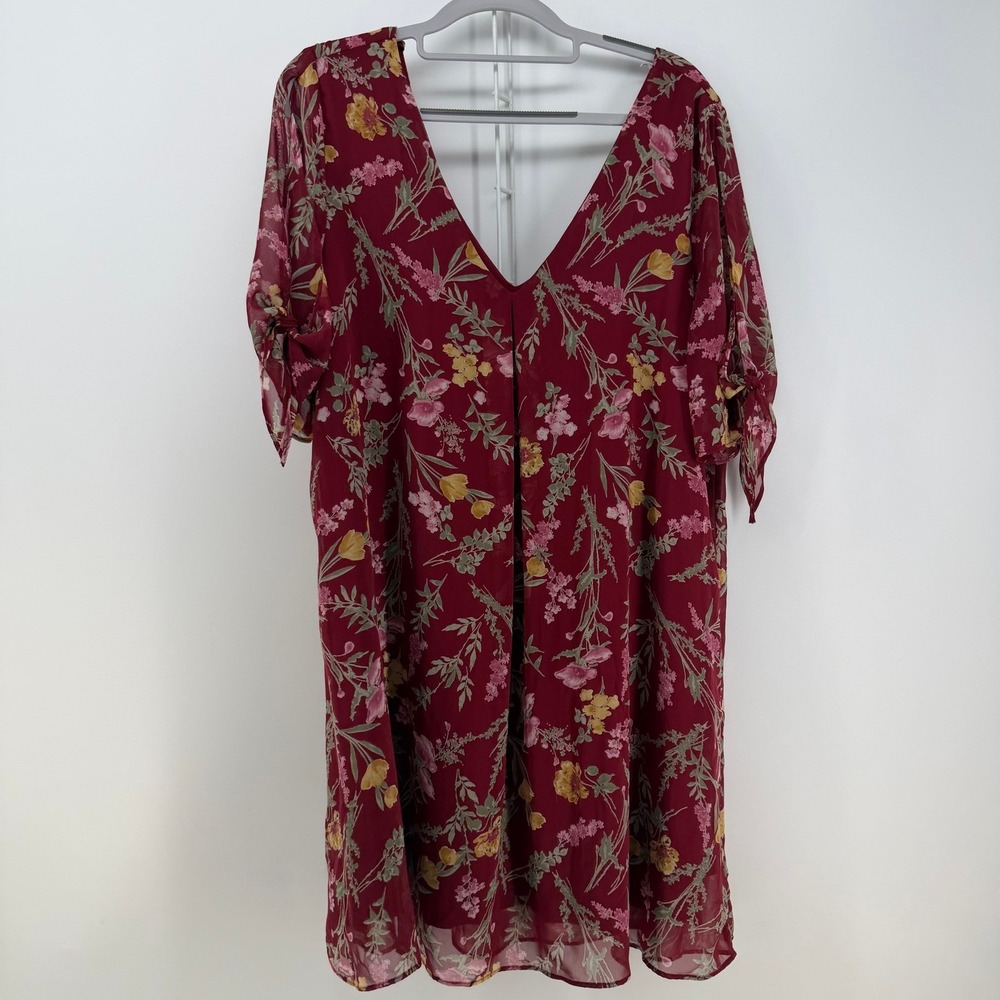Timing Mini Dress Womens Large Burgundy Red Floral V-Neck Boho Cottagecore Party